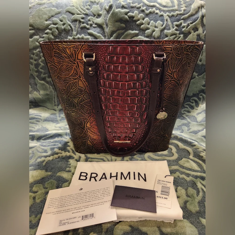 Brahmin Ellen Pesto Edgewood Embossed Leather Tote- NWOT